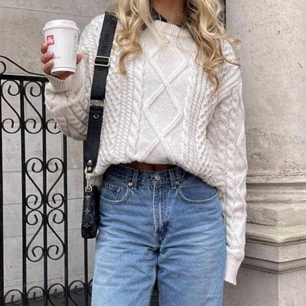 Aelfric Eden Oversized Cable Knit Sweater Ivory Chunky Crewneck Retro 90s XXL